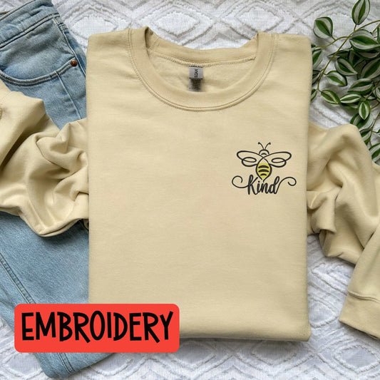Bumble Bee Be Kind embroidered sweatshirt, unisex fit, yellow color.