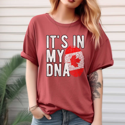 Canadian patriotic t-shirt with fingerprint and maple leaf design, perfect for Canada Day gift, showcasing Canadian pride.