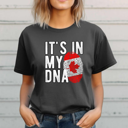 Canadian pride t-shirt with fingerprint and maple leaf design, ideal for Canada Day celebrations.