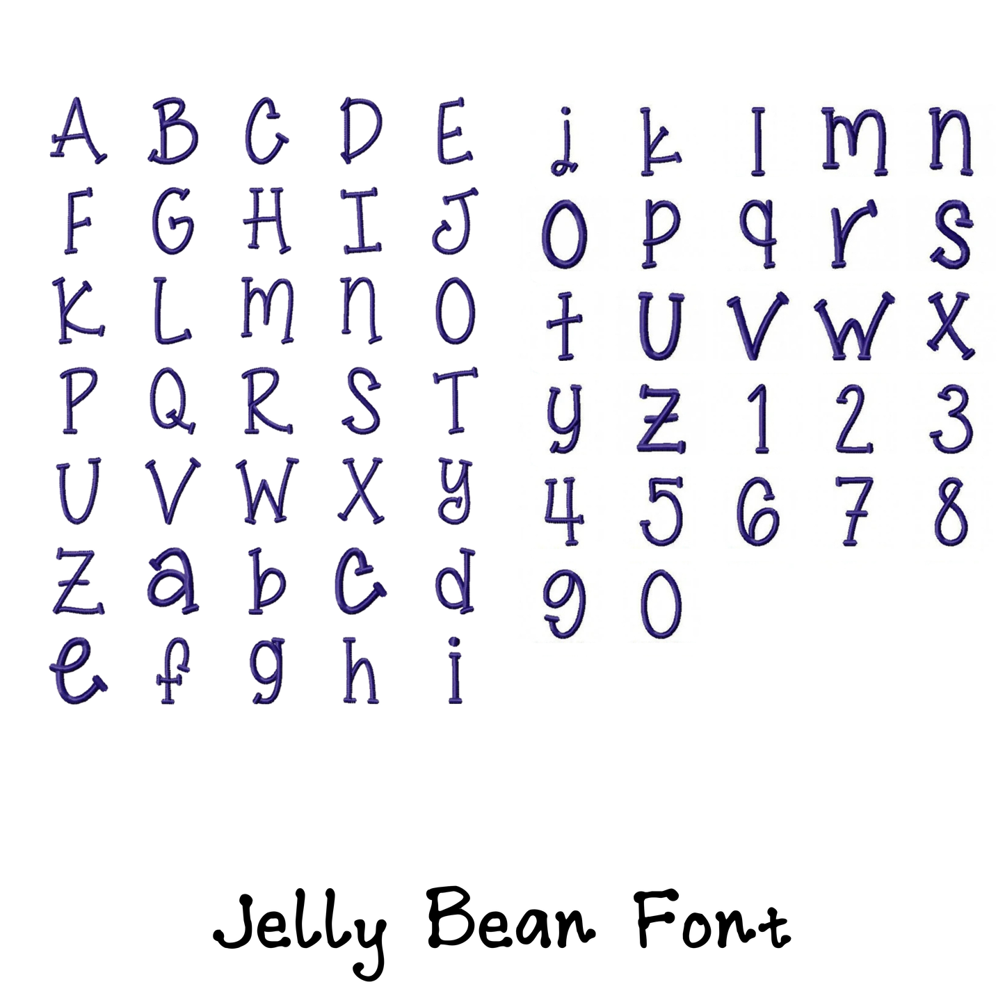 alphabet and numbers embroidery design in Jelly Bean font for custom stuffed animal personalization