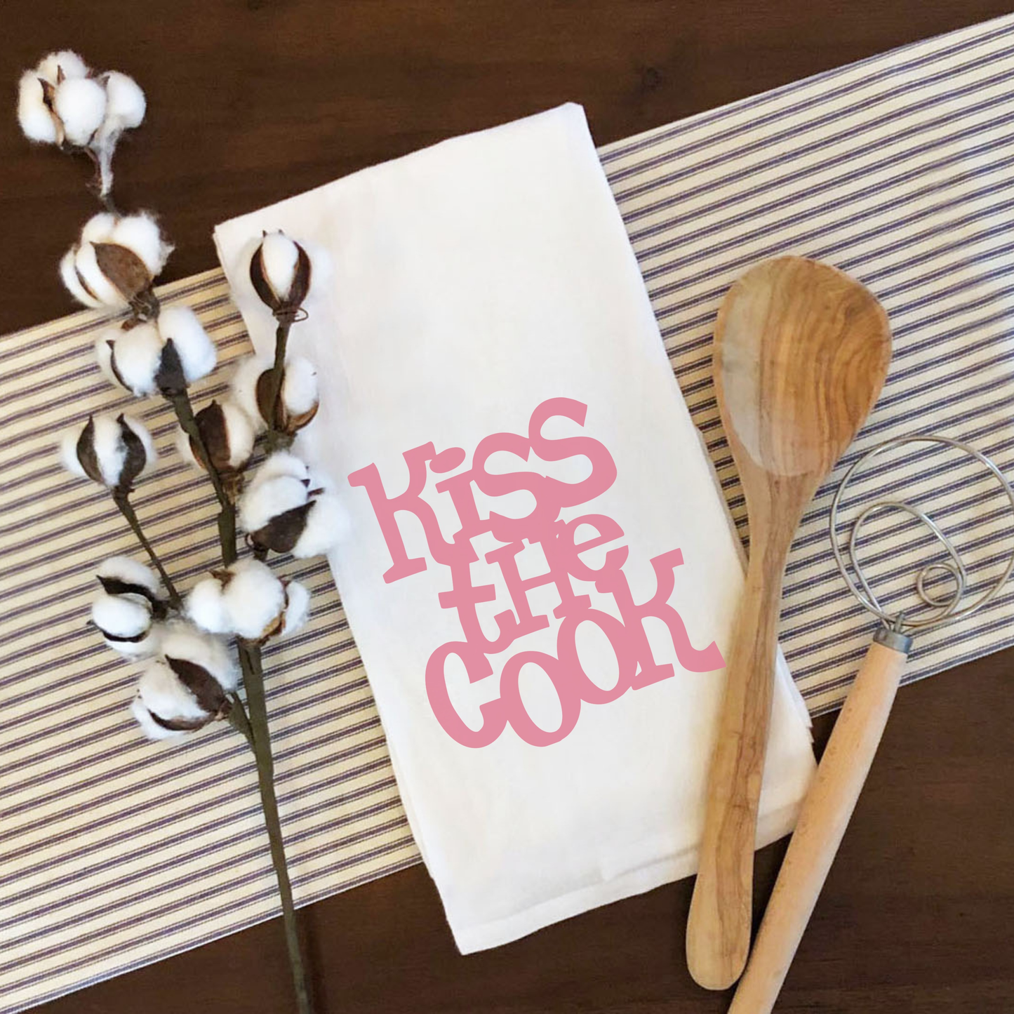 Humorous Tea Towel Kiss the Cook in stylish color, perfect kitchen gift and absorbent 16x24 inch design