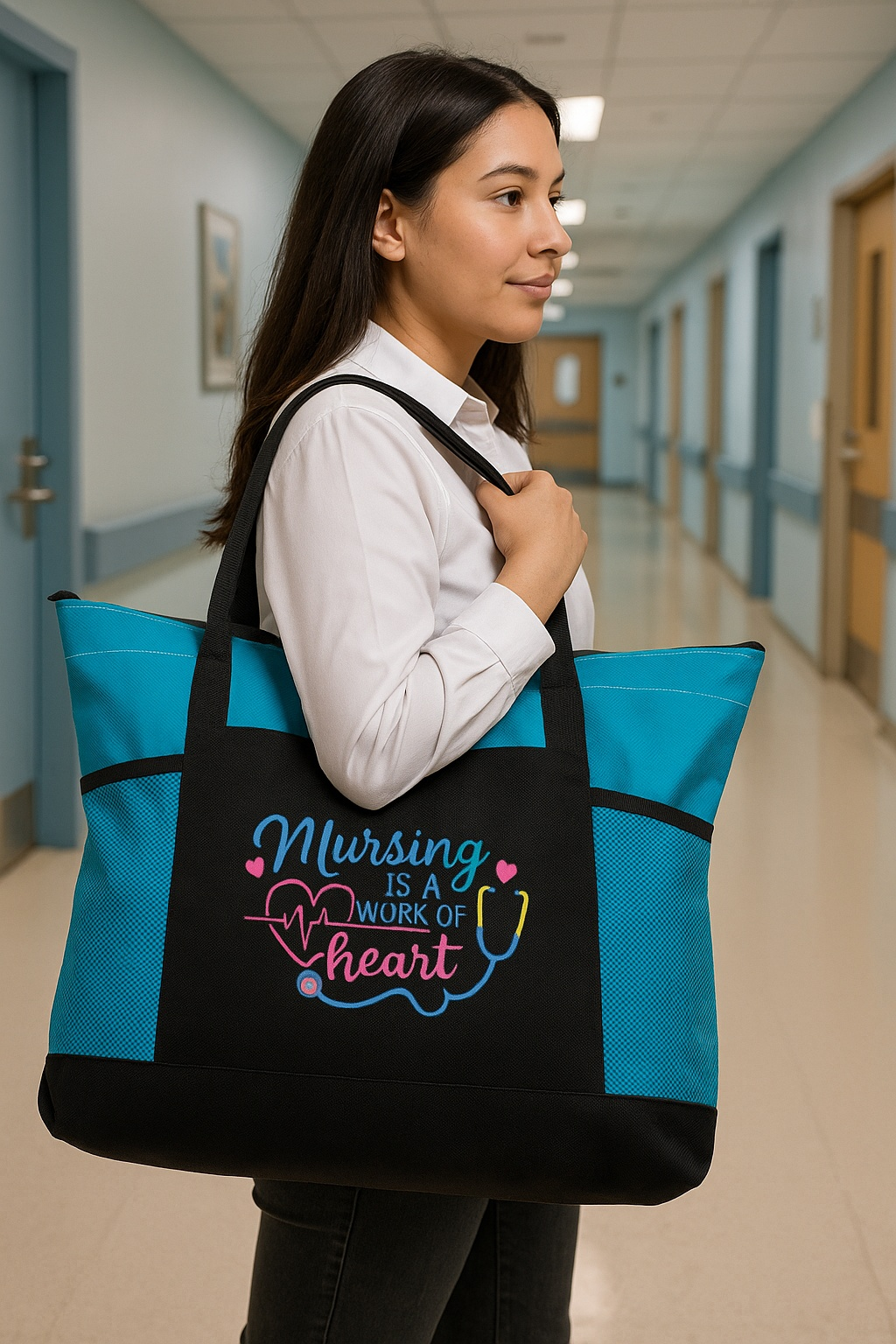Nursing is a Work of Heart tote bag with embroidery, turquoise