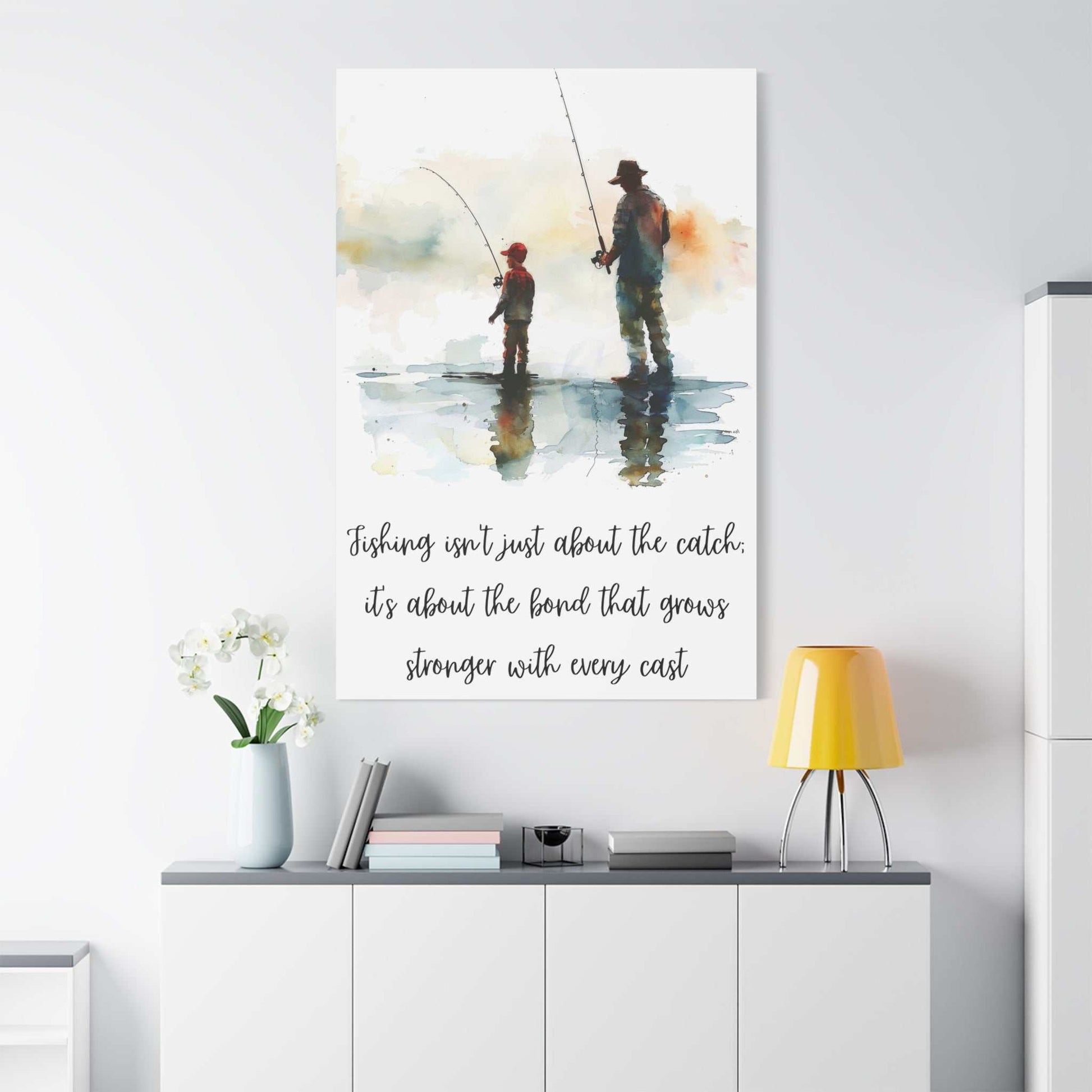 Father and son fishing canvas wall art on modern neutral wall, sentimental home decor.