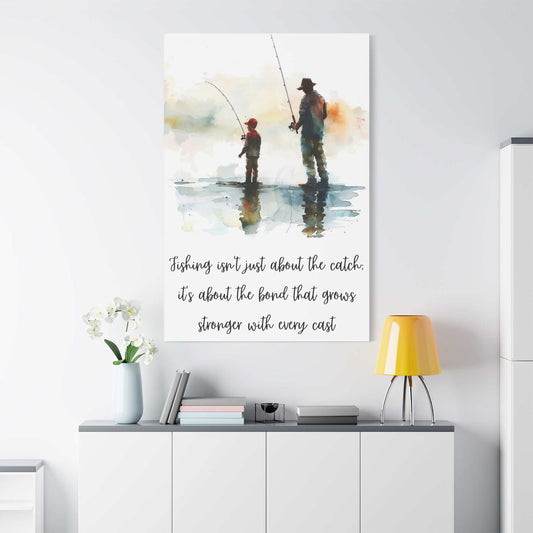 Father and son fishing canvas wall art on modern neutral wall, sentimental home decor.