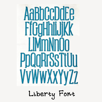 Blue embroidered alphabet letters in Liberty font for custom stuffed animal personalization design your own option