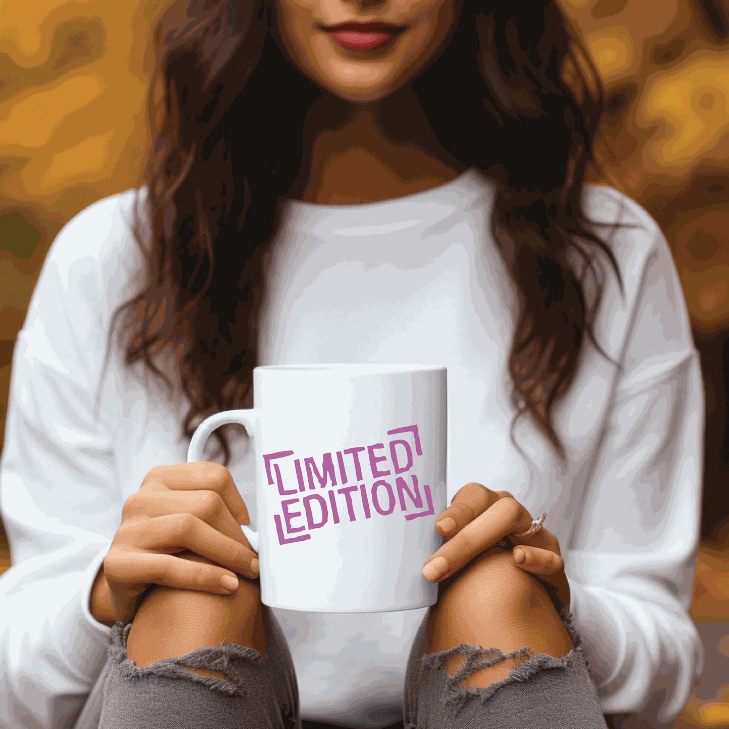 Limited edition ceramic inspirational mug held by a person in a cozy outdoor setting.