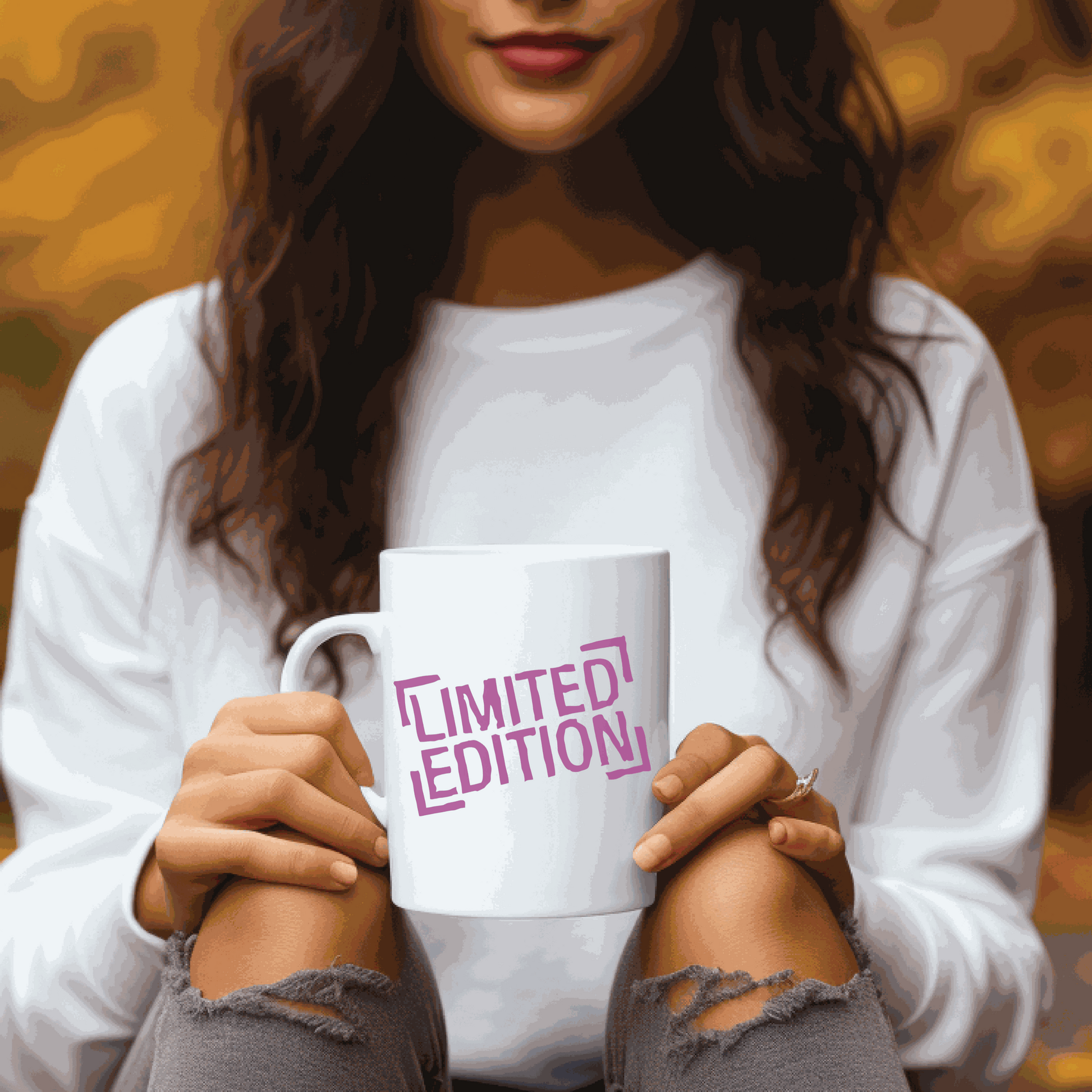 Limited edition ceramic inspirational mug held by a person in a cozy outdoor setting.