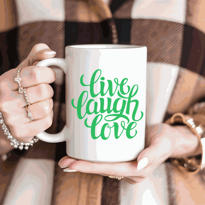 Live, Love, Laugh coffee mug in white ceramic with green script design.