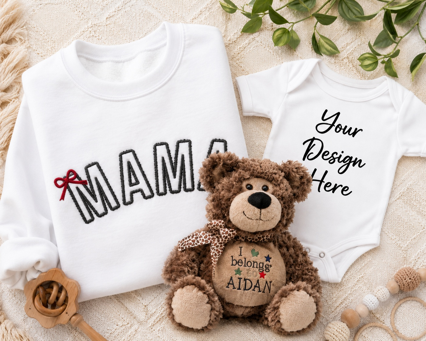 Mama Bear & Cub personalized gift bundle with embroidered sweater, bear, and baby onesie