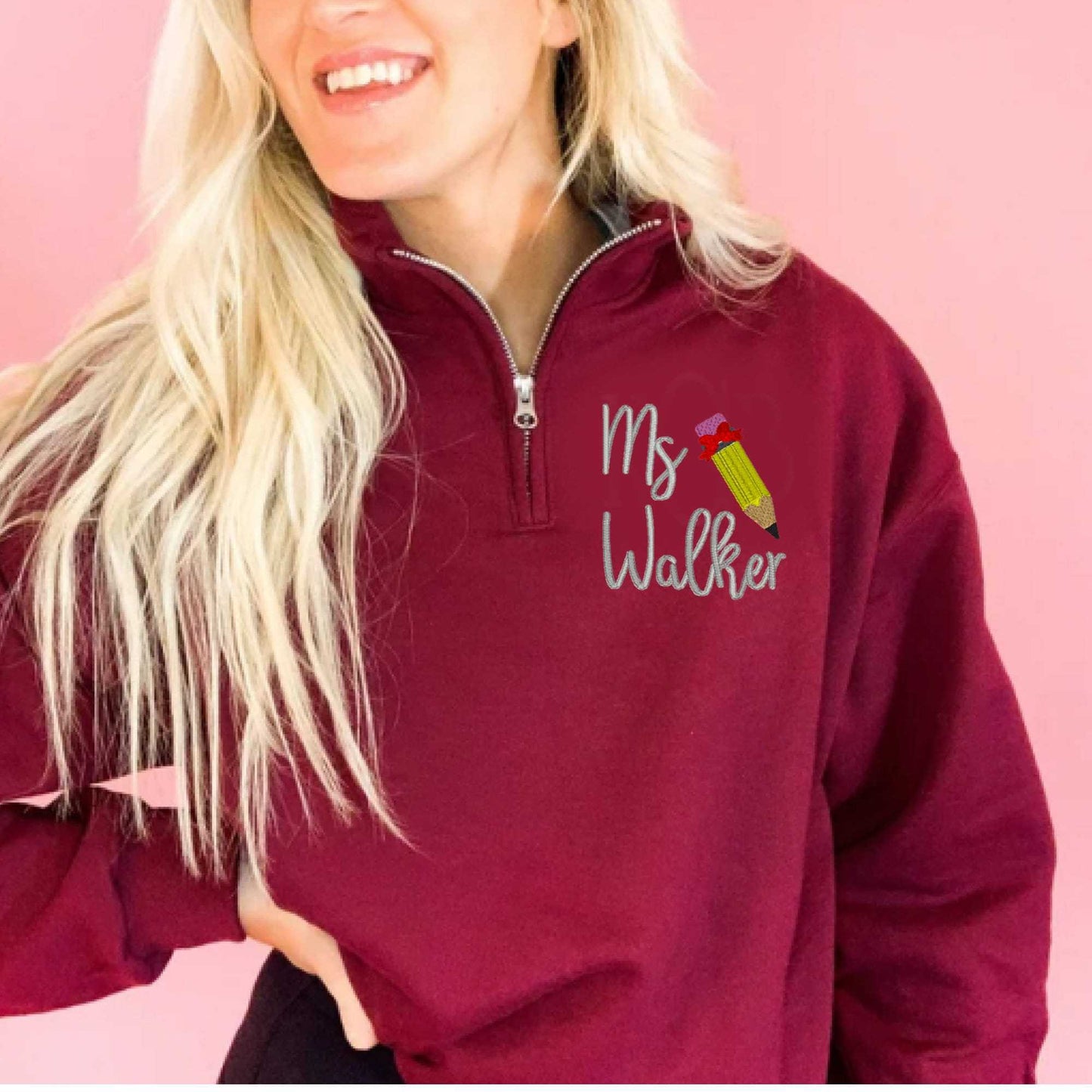Personalized teacher quarter zip sweatshirt with embroidered name and pencil design