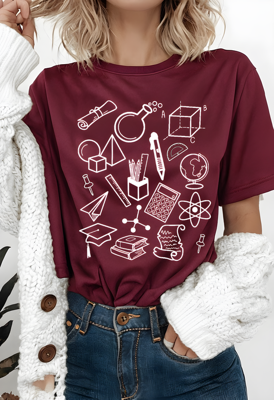 Trending teacher shirt with STEM science math doodle design, perfect for educators.