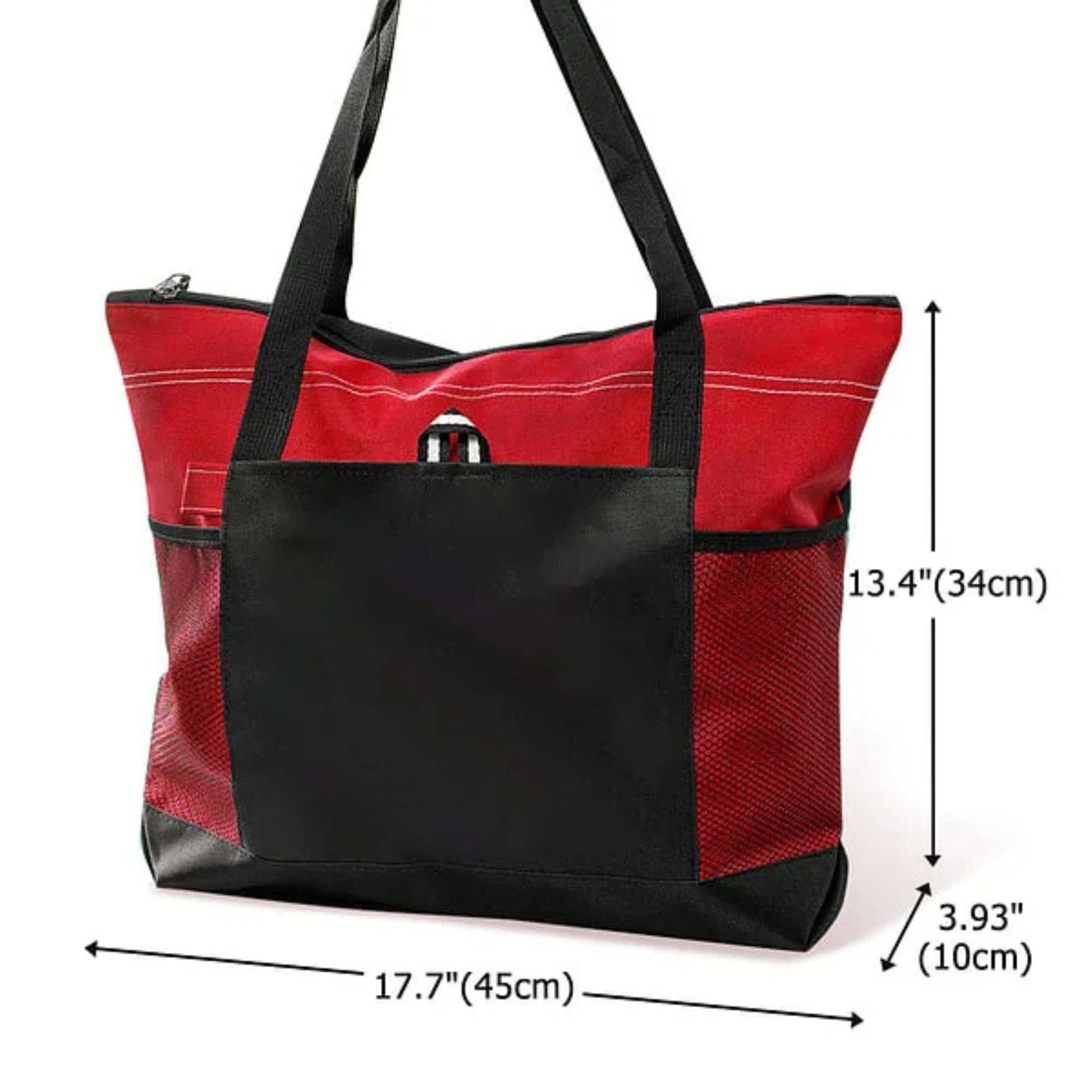 Nursing embroidered tote bag in red with black accents, featuring spacious interior and mesh side pockets, dimensions 17.7" × 13.4" × 3.93".