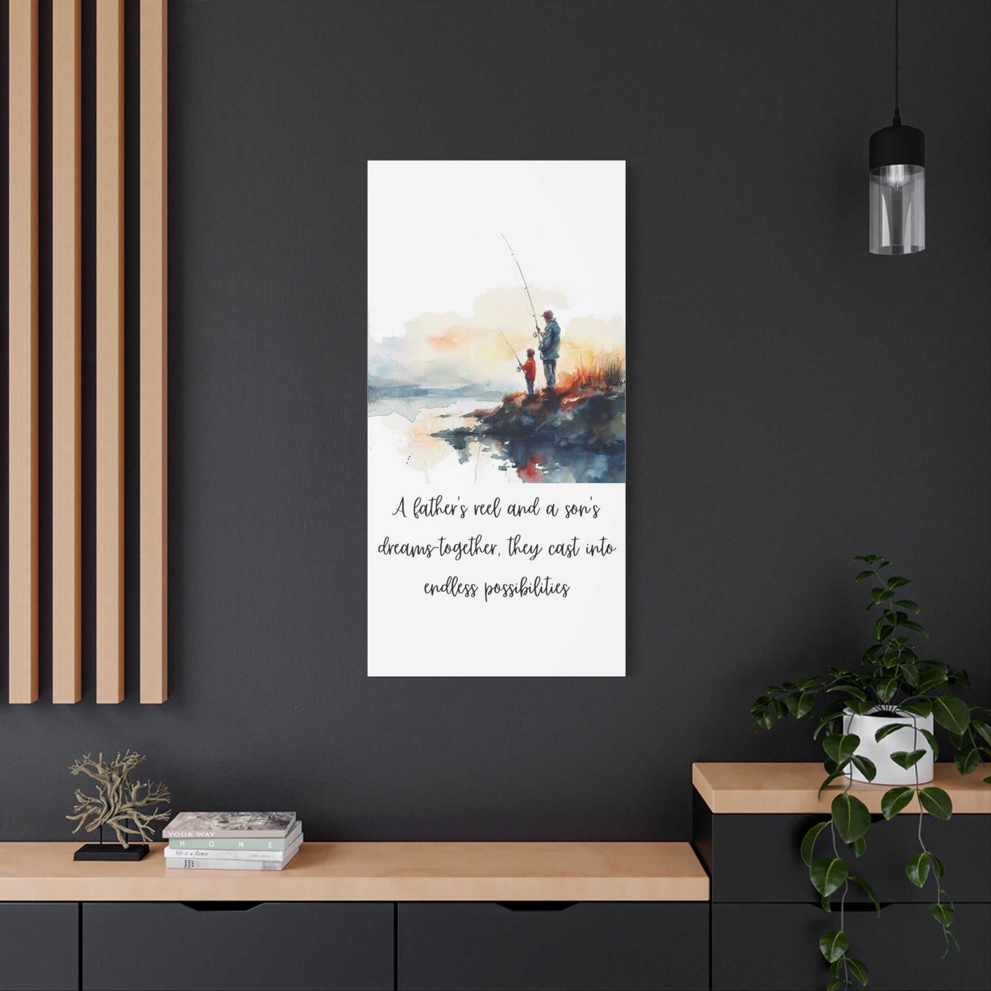 Inspirational fishing canvas art featuring father and son at sunrise, perfect for Father's Day or home decoration.