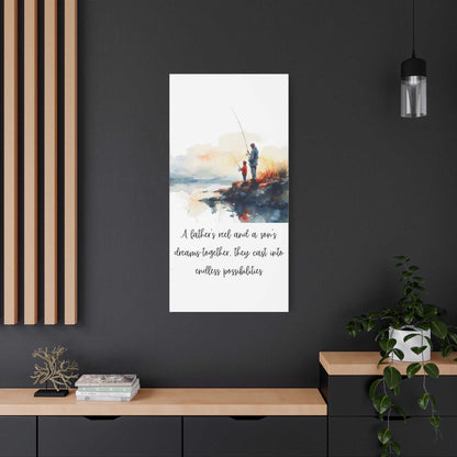 Inspirational fishing canvas art featuring father and son at sunrise, perfect for Father's Day or home decoration.