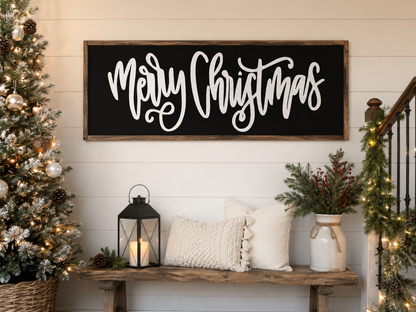 Decorative Christmas scene with 'Merry Christmas' sign, tree, and bench.