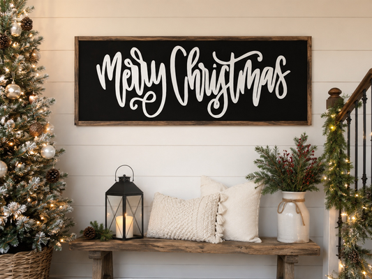 Decorative Christmas scene with 'Merry Christmas' sign, tree, and bench.