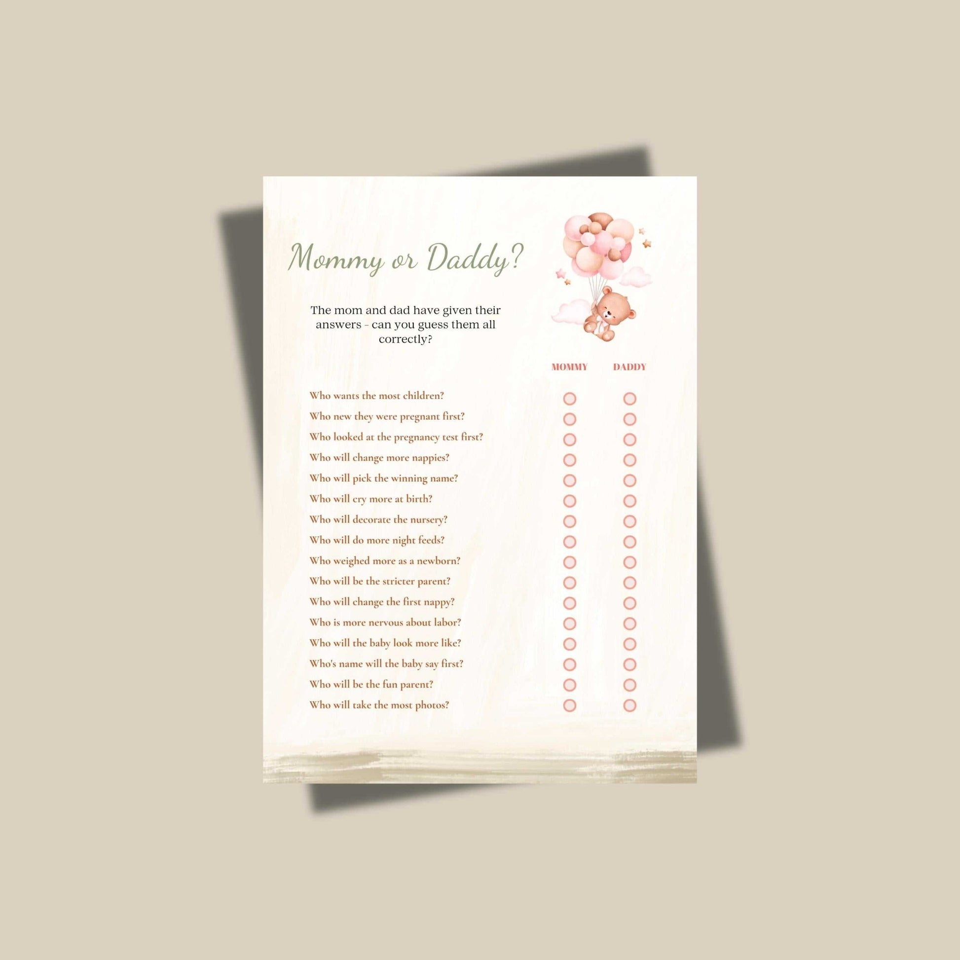 Teddy bear balloon themed baby shower game printables, featuring "Mommy or Daddy?" quiz on beige background.