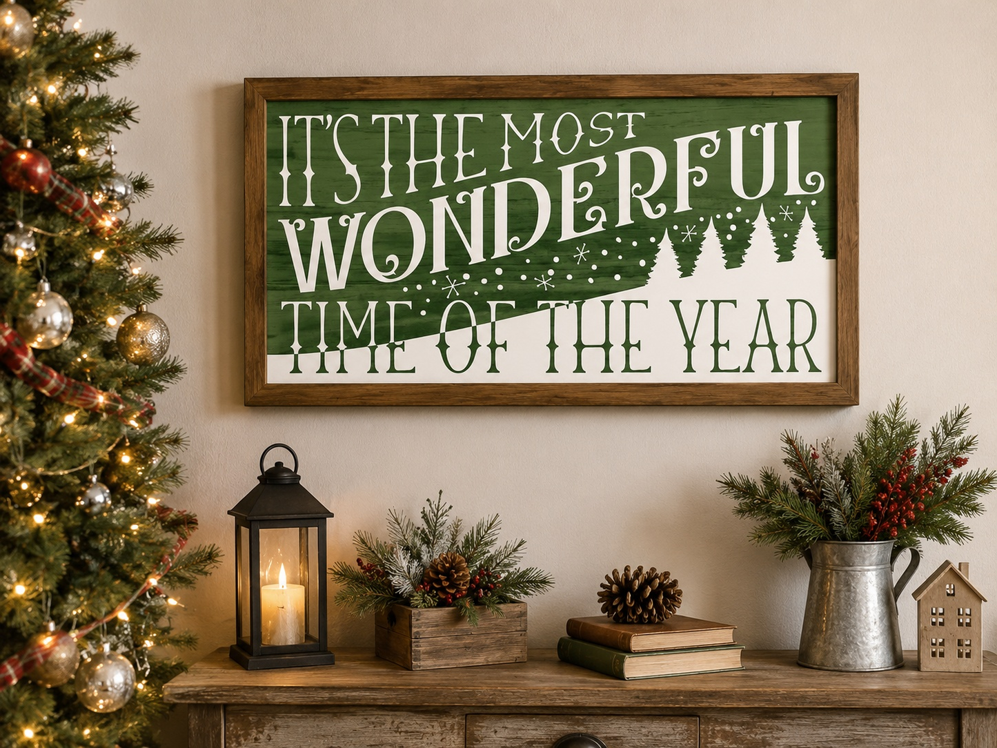 Decorative sign with Christmas message on a wall with festive decor.
