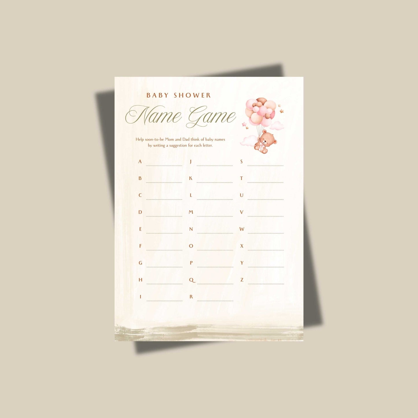 Printable baby shower name game card with teddy bear and balloons, perfect for gender-neutral showers.