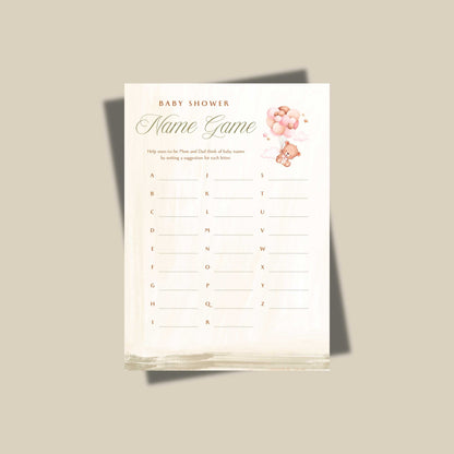 Printable baby shower name game card with teddy bear and balloons, perfect for gender-neutral showers.