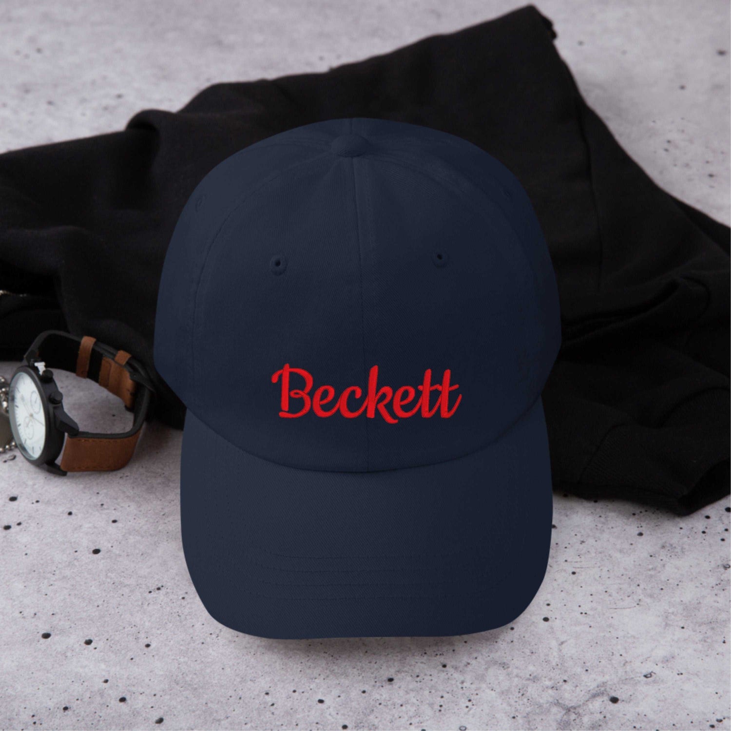 Custom embroidered navy blue personalized cap with red text Beckett, unisex cotton dad hat with adjustable snapback.