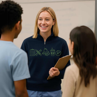 Cozy teacher icon embroidered quarter zip sweater with school-themed icons including clipboard, ruler, apple with books, coffee cup, and A+ stitched on chest