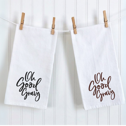 Oh Good Gravy Custom Tea Towel with funny saying, white decorative kitchen towel, perfect gift idea