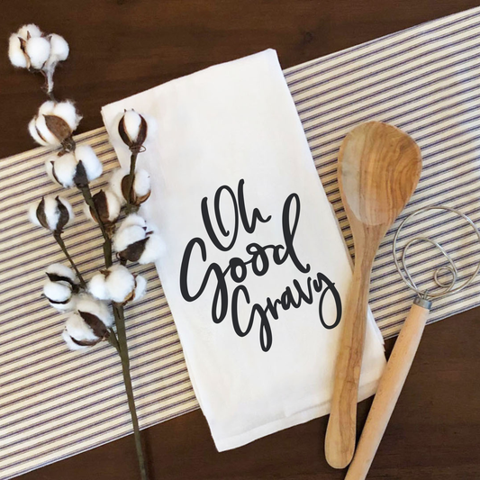 Oh Good Gravy Custom Tea Towel with funny saying, perfect gift for housewarming and newlyweds, white HTV design