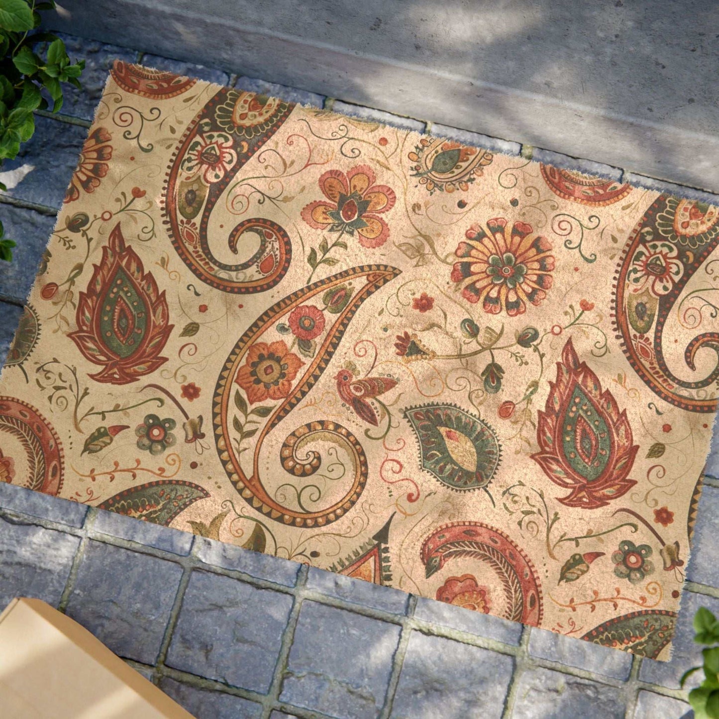 Bohemian doormat with intricate paisley design in earthy tones, ideal for rustic entryways.