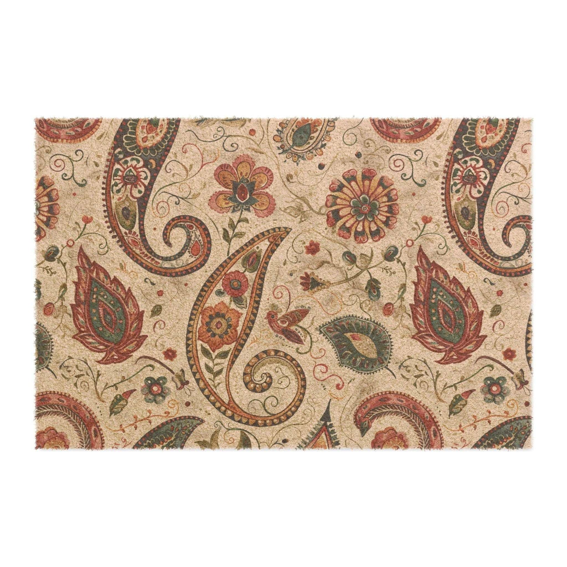 Bohemian doormat with intricate paisley and floral patterns in earthy tones on a beige background.