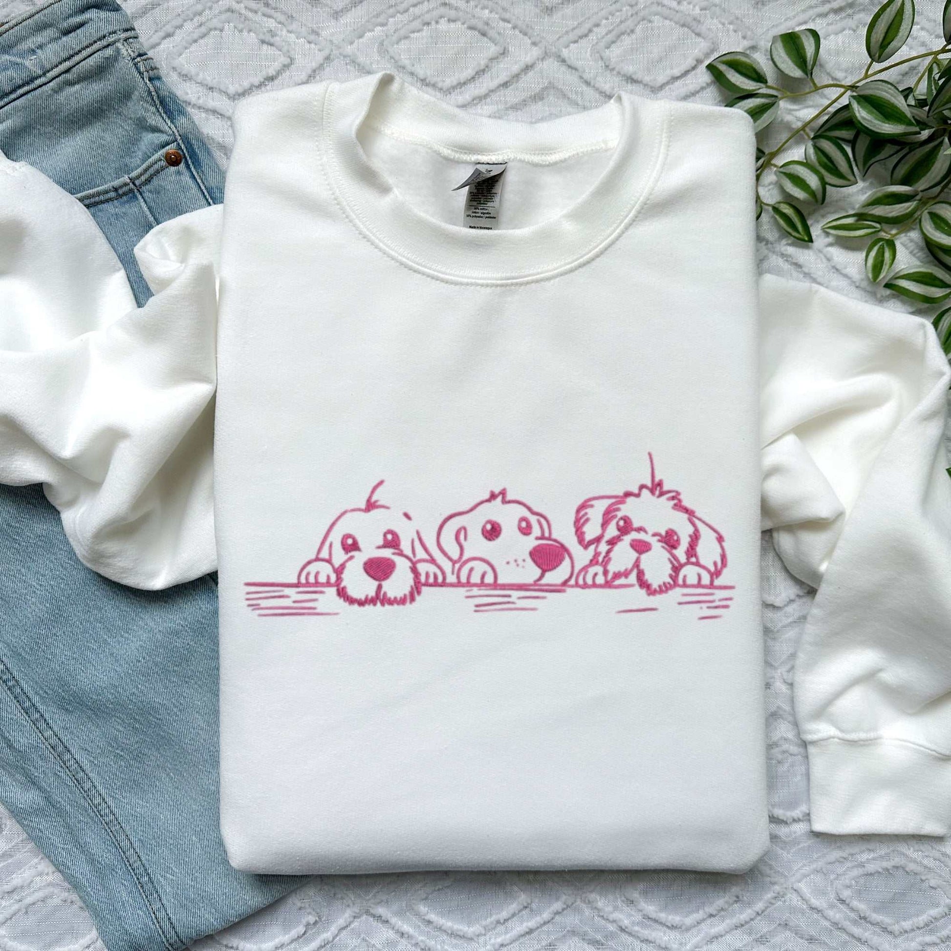 Custom embroidered dog mama sweatshirt with sketch-style dogs, perfect gift for pet lovers.