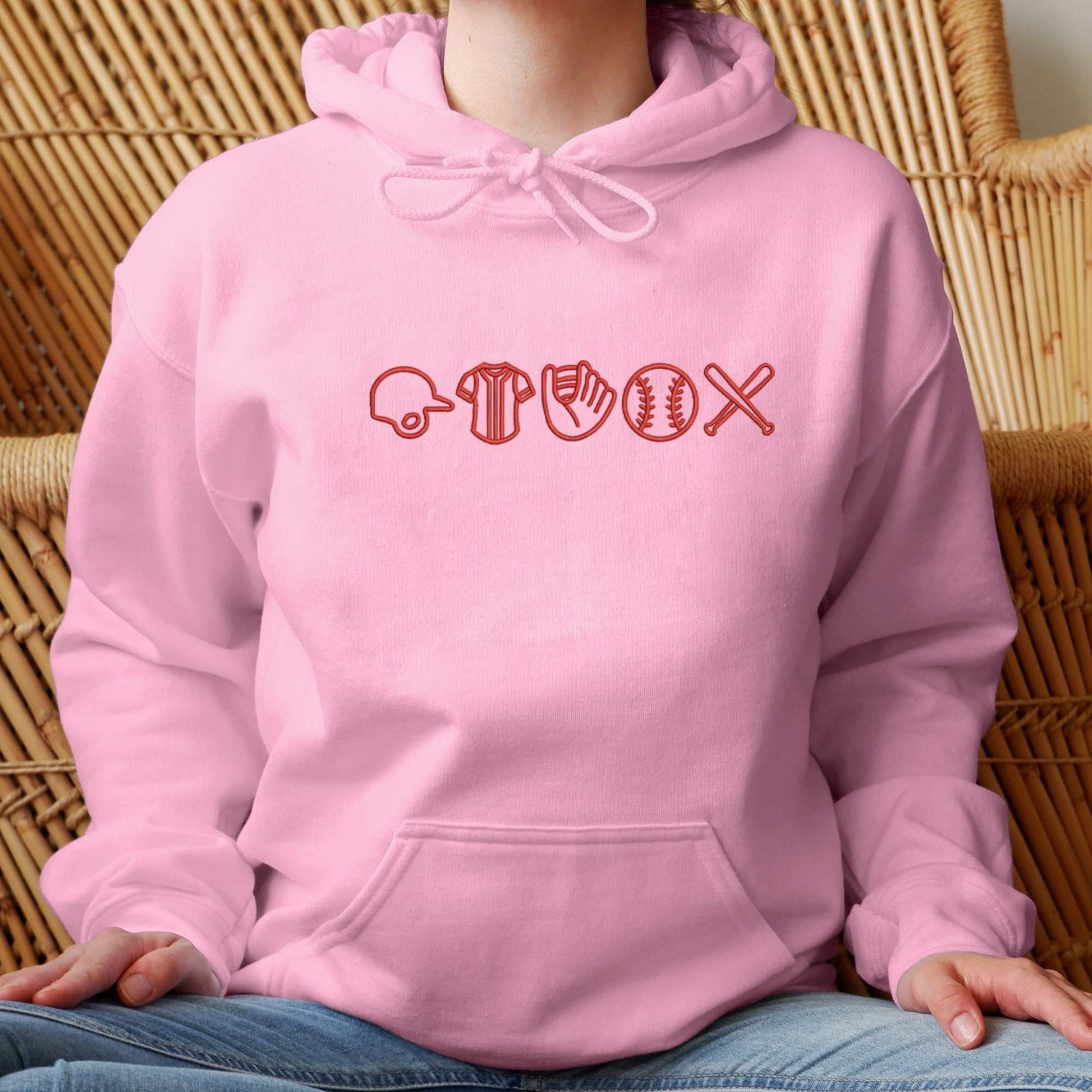 Custom embroidered pink baseball hoodie with minimalist icons for unisex fans, parents, and coaches.
