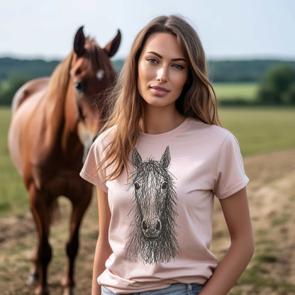 Woman wearing a t-shirt with a horse design, standing in a field with a horse in the background.