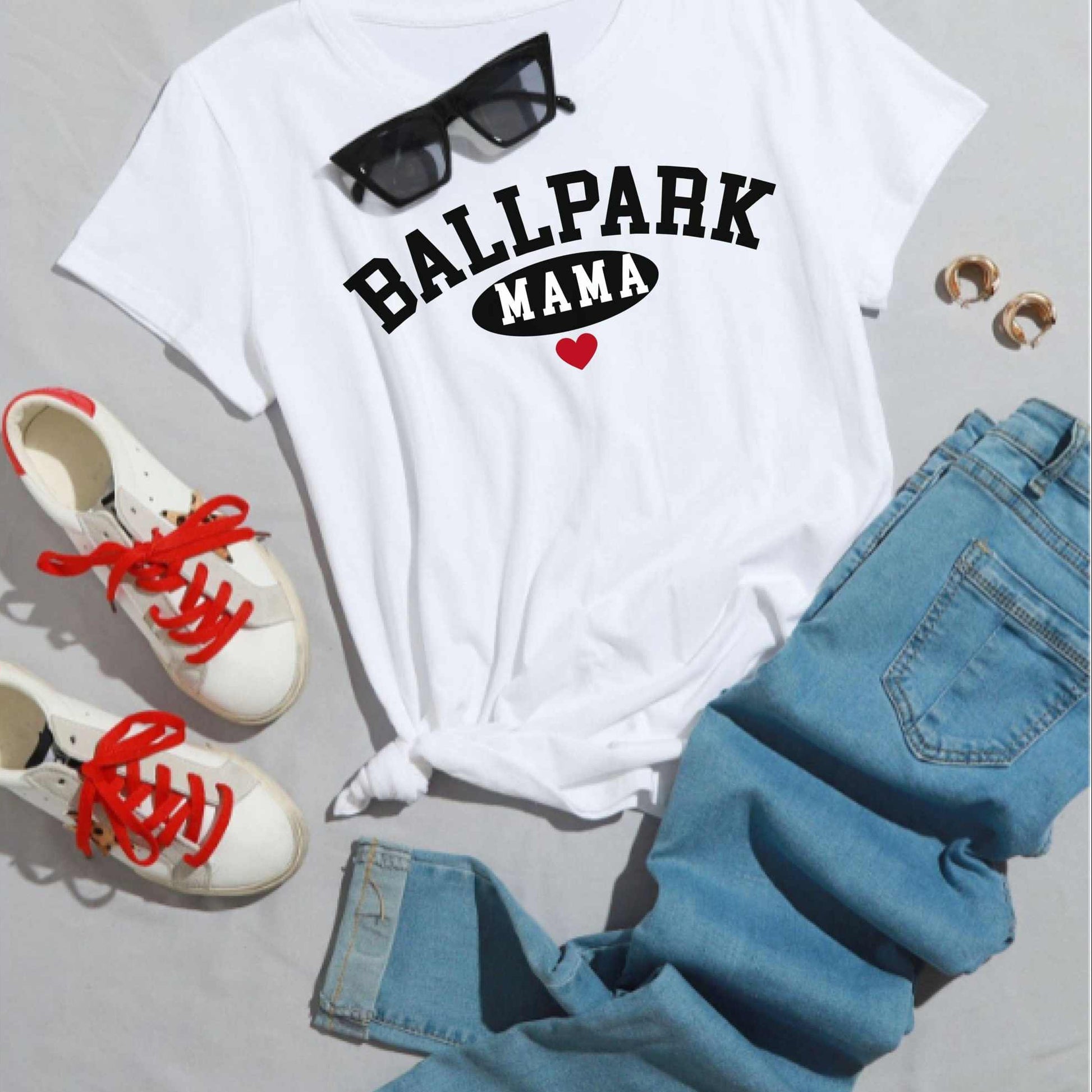 Ballpark Mama Baseball T-Shirt with sporty design, perfect for game-day outfits and expressing mom pride.