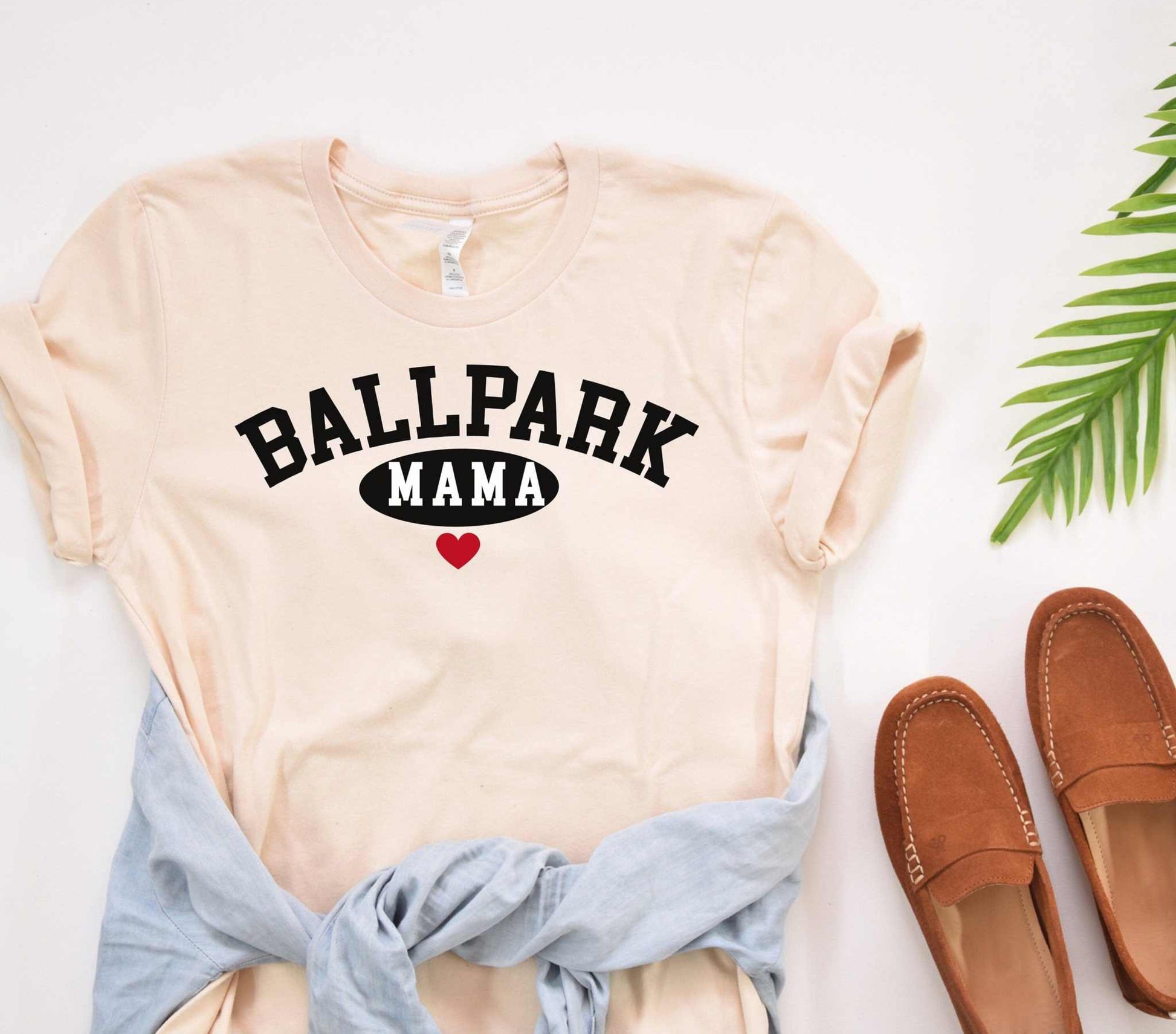 Ballpark Mama Baseball T-Shirt, beige, unisex, casual sportswear, showing "Ballpark Mama" text with red heart design.