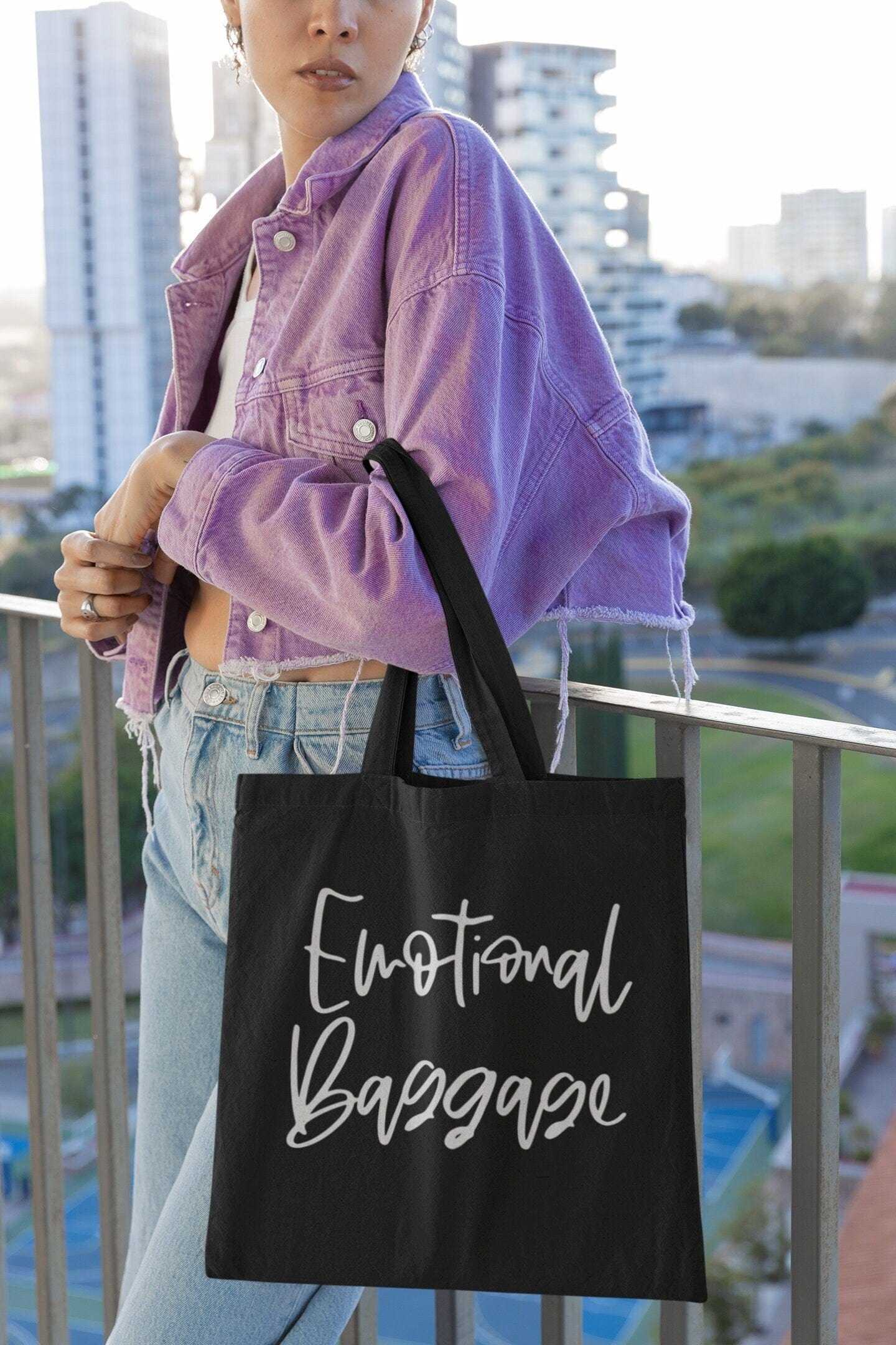 Close-up of Emotional Baggage Reusable Tote Bag design