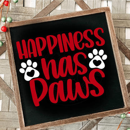 Pet Parent Gift bundle wooden sign with "Happiness has Paws" text and paw prints design