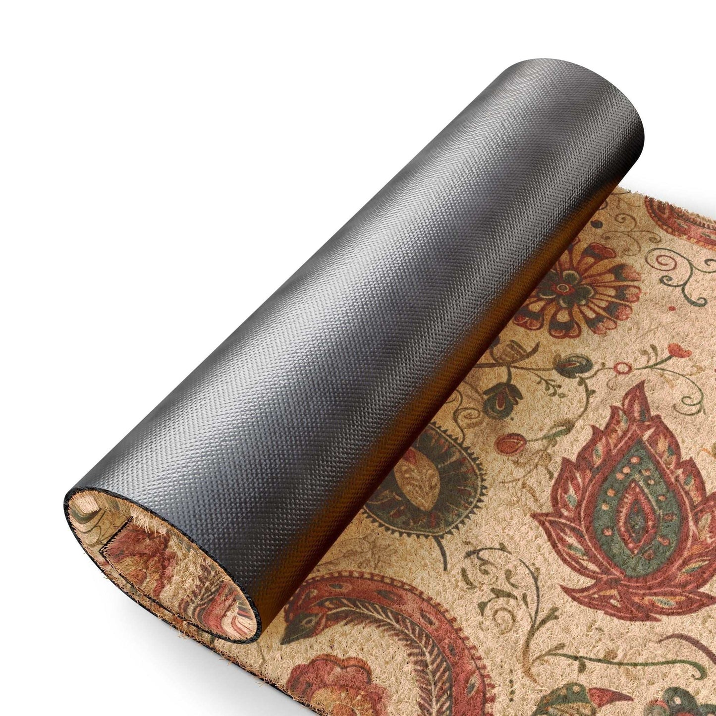 Bohemian doormat with paisley floral design in earthy tones, durable coir fiber, 24x16 inches.