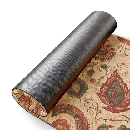 Bohemian doormat with paisley floral design in earthy tones, durable coir fiber, 24x16 inches.