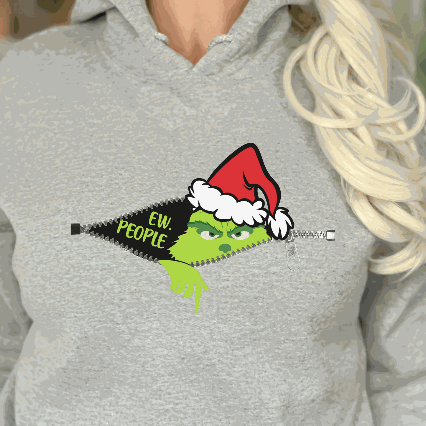 Grinch "Ew People" Christmas zipper sweatshirt with humorous design.