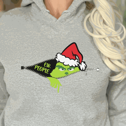 Grinch "Ew People" Christmas zipper sweatshirt with humorous design.