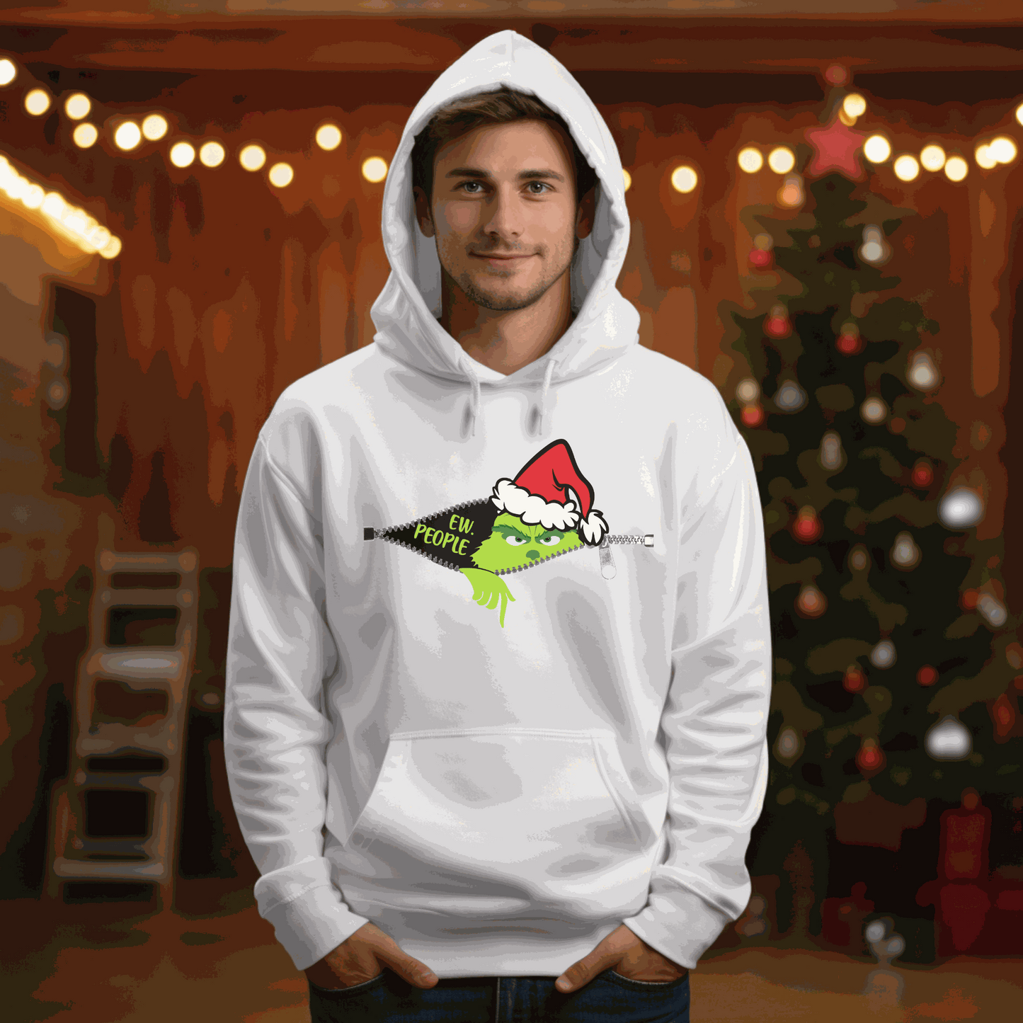 Grinch hoodie with "Ew People" design for Christmas.