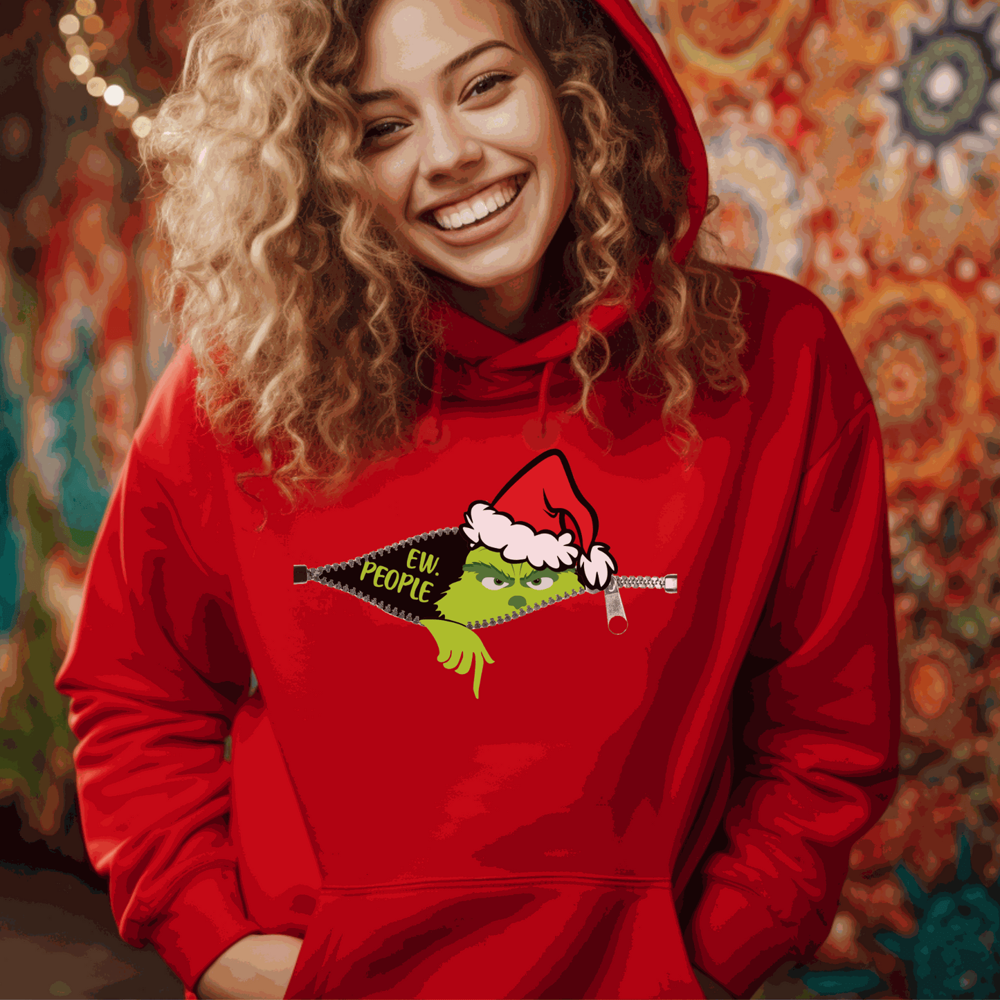 Grinch in zipper sweatshirt, festive Christmas hoodie with "Ew People" design.
