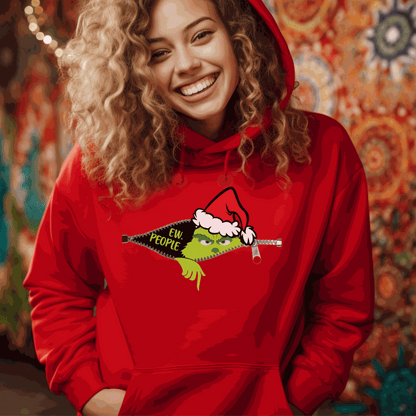 Grinch in zipper sweatshirt, festive Christmas hoodie with "Ew People" design.