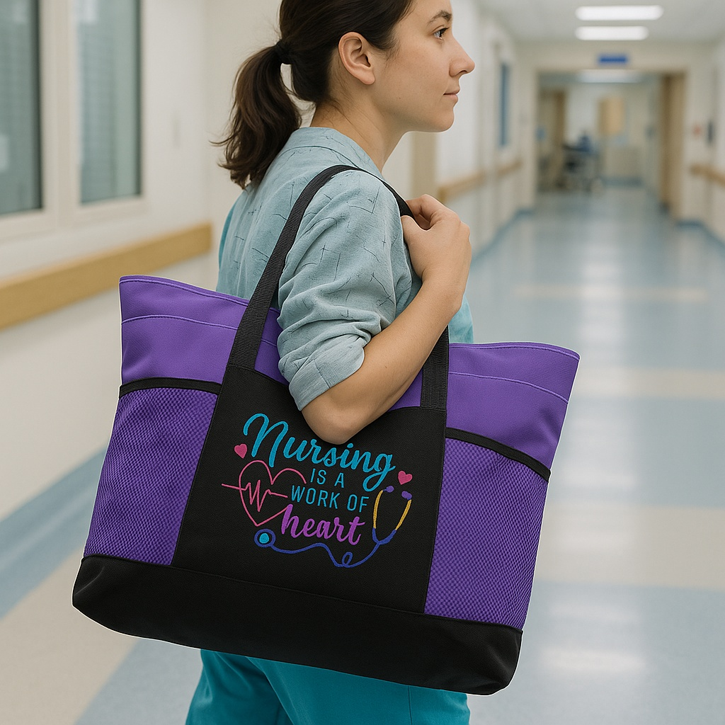 Nursing is a Work of Heart purple embroidered tote bag with a nurse carrying it in a hospital hallway.