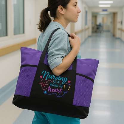 Nursing is a Work of Heart purple embroidered tote bag with a nurse carrying it in a hospital hallway.