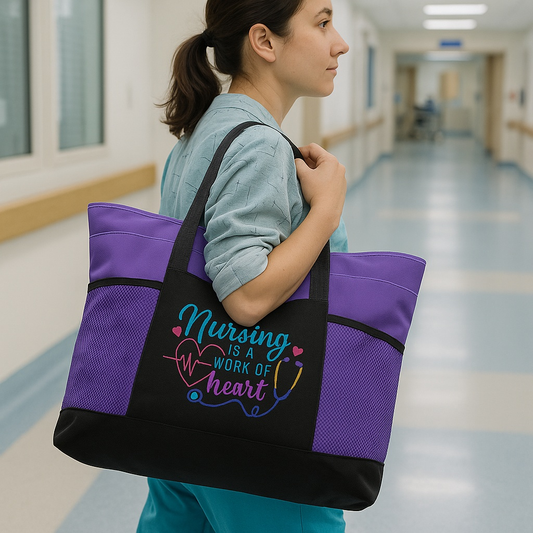 Nursing is a Work of Heart purple embroidered tote bag with a nurse carrying it in a hospital hallway.
