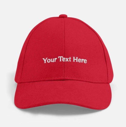 Red personalized cotton dad hat with custom embroidered text front