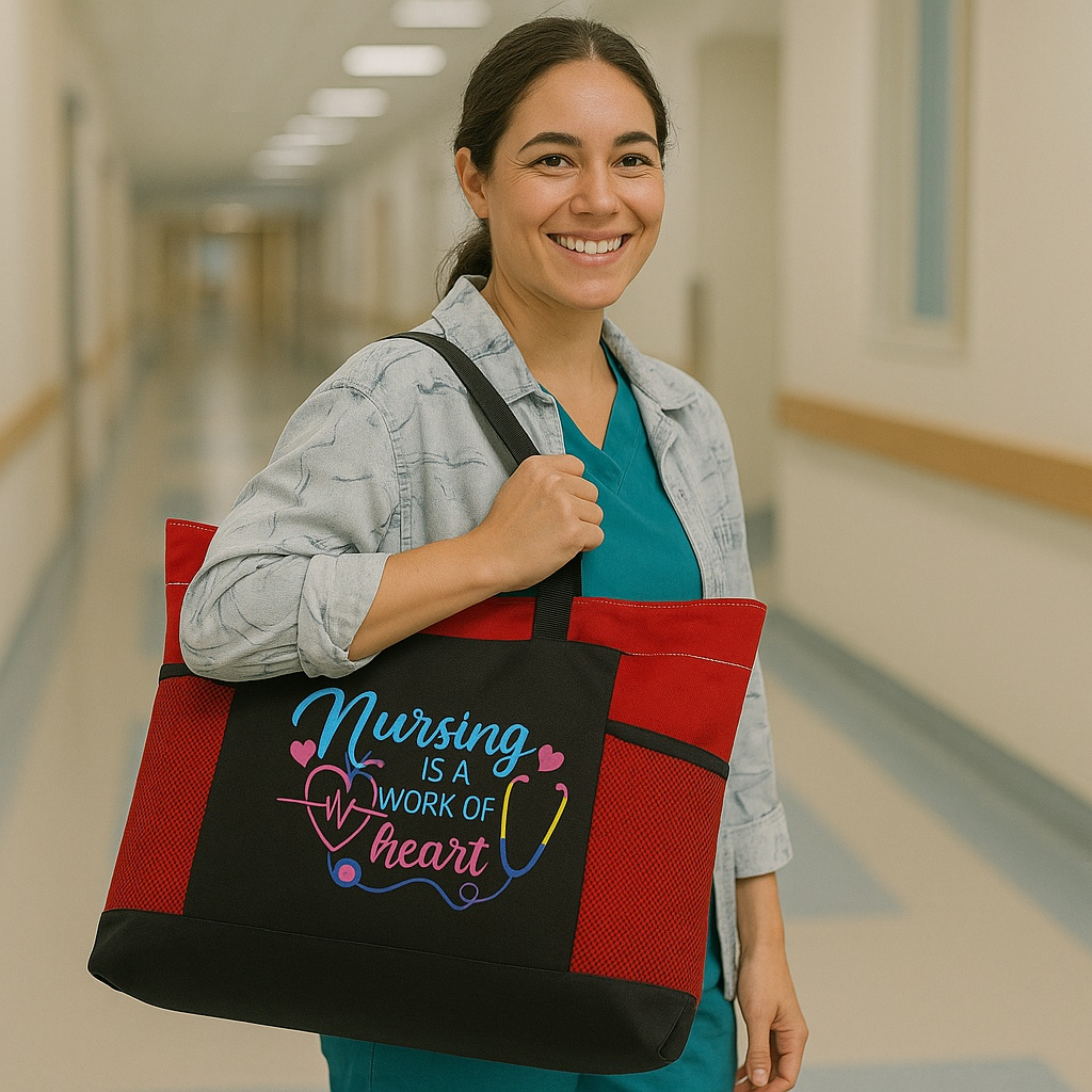 Nursing is a Work of Heart red zippered tote bag with embroidery, worn by a nurse in hospital corridor.