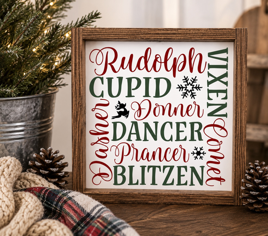 Decorative sign with Christmas-themed names in a wooden frame, surrounded by festive decor.